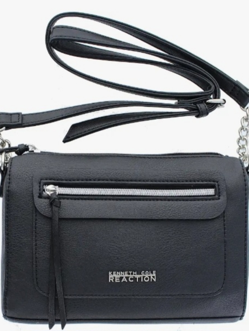 Kenneth Cole Black Reaction Town Zip Crossbody Purse Silver Hardware